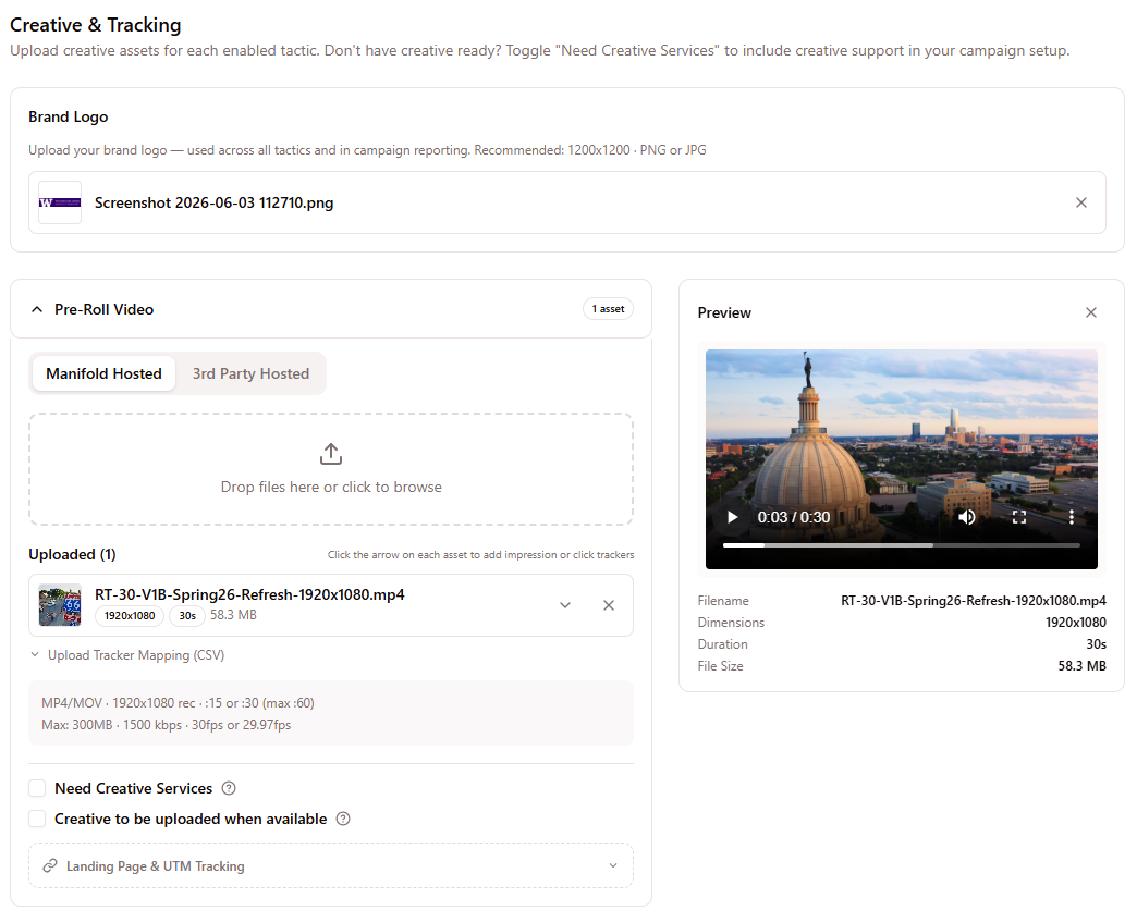 Step 4 of the Manifold campaign wizard, uploading a 1920×1080 pre-roll video with a live player preview, hosting options, and tracking